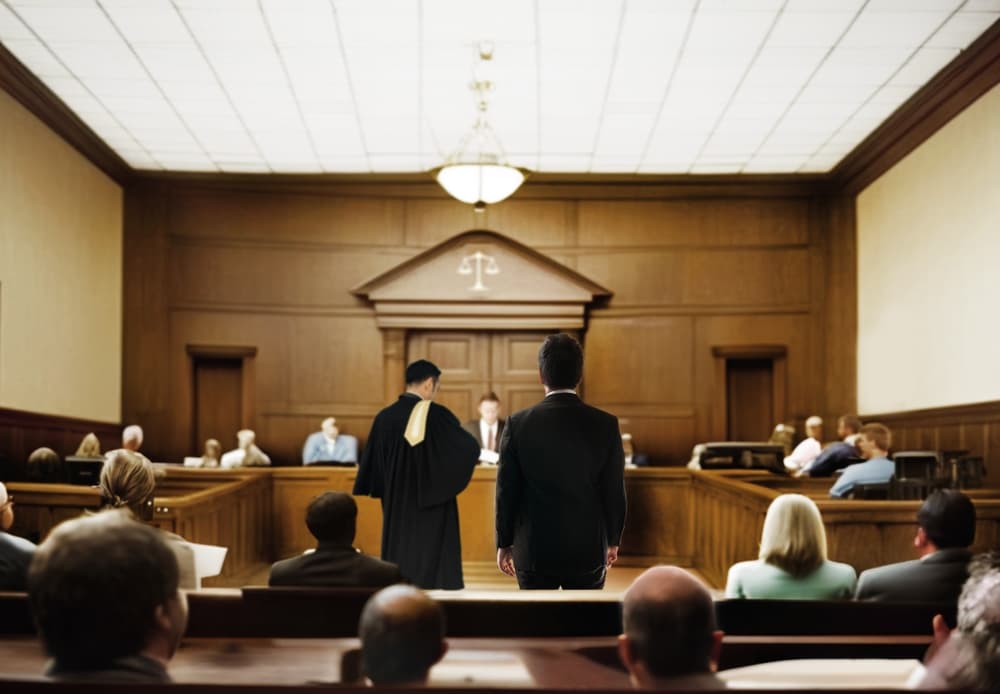 Court of Justice and SJS Law Trial Speech to Judge, Attorney Lawyer Protecting Client with arguments.